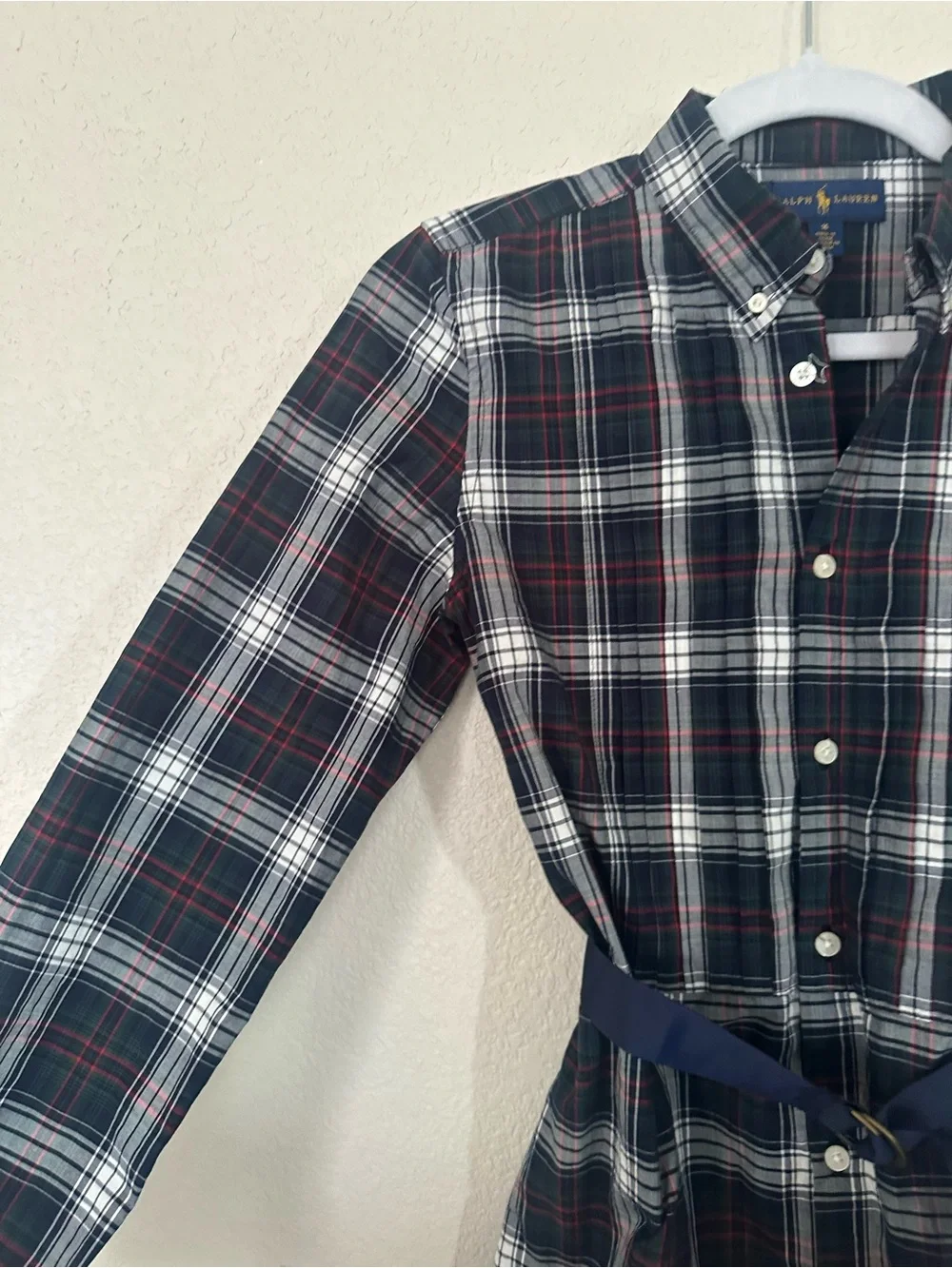 Ralph Lauren Girls Plaid Shirt Dress Long Sleeve Belted Navy/Green/Red Size 16
